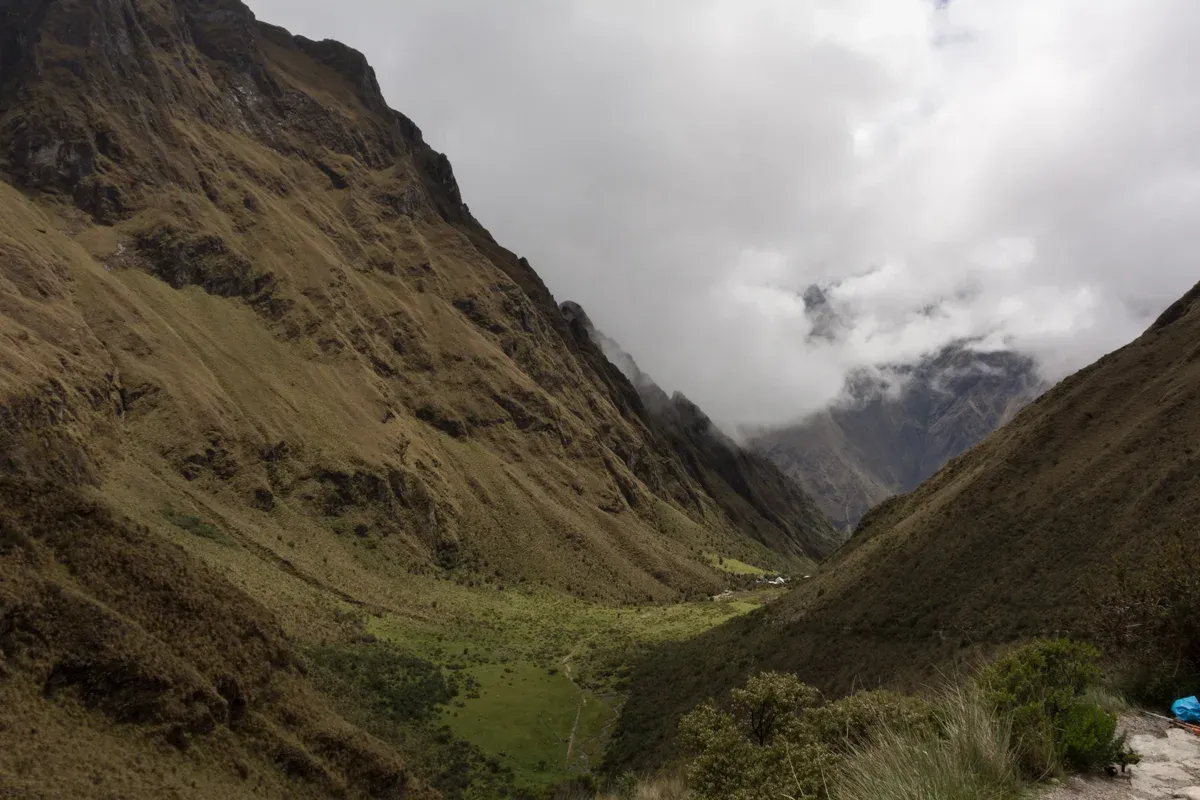 The valley seen from Dead Woman's Pass at the high point, seen on an Inca Trail trek